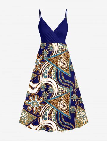 Plus Size Ethnic Geometric Graphic Paisley Print Hawaii Surplice A Line Cami Dress - NAVY BLUE - 6X
