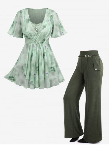 Flowers Watercolor Print Surplice Tulip Hem Top and Wide Leg Pants Plus Size Outfit - GREEN