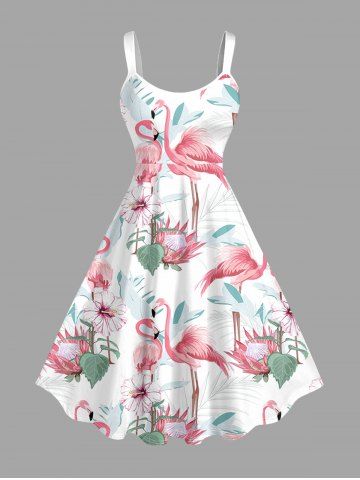 Robe débardeur hawaïenne grande taille à imprimé tropical flamants roses et feuilles - WHITE - XS