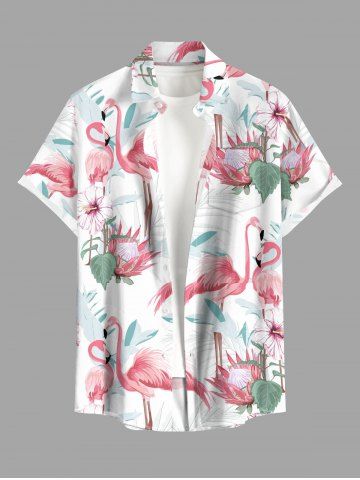 Chemise hawaïenne grande taille pour homme, à imprimé tropical flamants roses et feuilles, boutons et poche. - WHITE - 6XL