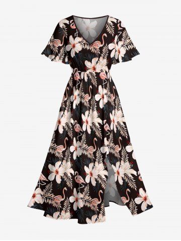 Robe mi-longue fendue hawaïenne à imprimé flamants roses et hibiscus, fleurs tropicales et feuilles, grande taille - BLACK - 6X