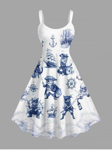 Robe débardeur grande taille à imprimé chat pirate et gouvernail de bateau, style Hawaï - WHITE - S