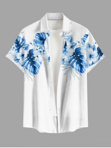 Chemise hawaïenne grande taille pour homme, imprimée de fleurs d'hibiscus et de feuilles tropicales, avec boutons et poche. - WHITE - 2XL