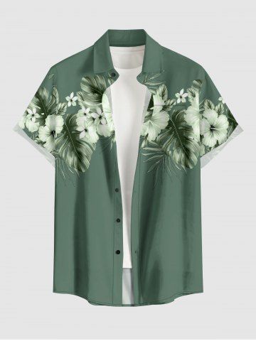 Chemise hawaïenne grande taille pour homme, imprimée de fleurs d'hibiscus et de feuilles tropicales, avec boutons et poche. - GREEN - M