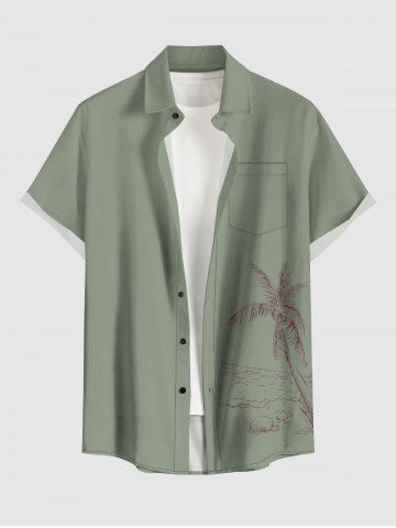 Plus Size Coconut Tree Seascape Print Buttons Pocket Hawaii Shirt For Men - GREEN - L