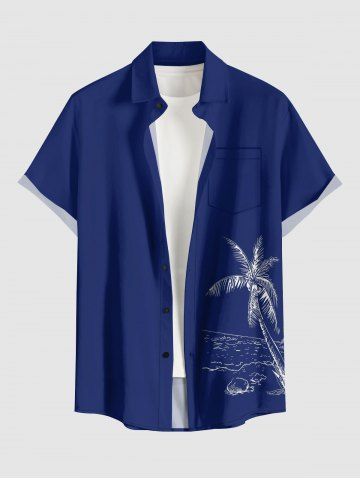Plus Size Coconut Tree Seascape Print Buttons Pocket Hawaii Shirt For Men - BLUE - XL