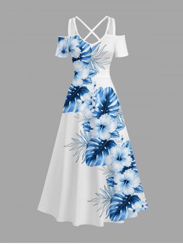 Robe longue hawaïenne grande taille à imprimé floral tropical et hibiscus, épaules dénudées et bretelles croisées. - WHITE - XXS