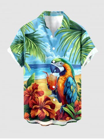 Chemise hawaïenne grande taille pour homme, à imprimé perroquet, fleurs tropicales, feuilles, jus de fruits et paysage marin, boutons et poche. - LIGHT BLUE - 5XL