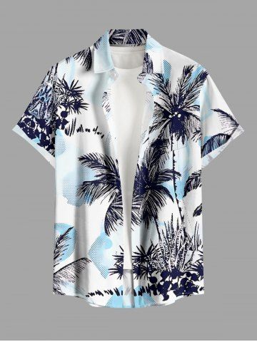Plus Size Coconut Tree Plant Leaf Print Hawaii Button Pocket Shirt For Men - WHITE - S