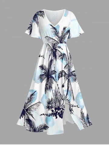 Robe midi trapèze grande taille à imprimé feuilles de cocotier, style hawaïen, avec poches fendues - WHITE - 6X