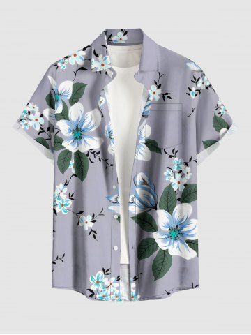 Chemise hawaïenne à imprimé floral, feuilles et branches, grande taille, avec poche boutonnée, pour hommes - GRAY - M