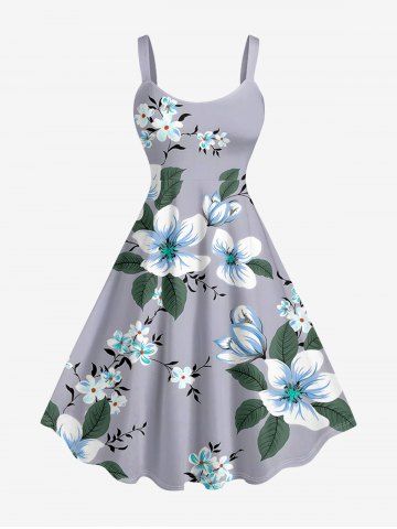 Robe trapèze hawaïenne à imprimé fleurs et feuilles grande taille - LIGHT GRAY - XS