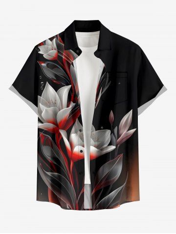 Chemise hawaïenne à poches boutons, imprimé floral et feuilles ombré, grande taille, pour hommes - BLACK - 6XL