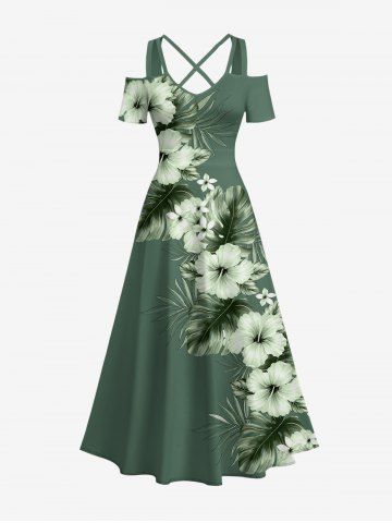 Plus Size Tropical Leaf Hibiscus Flowers Print Cold Shoulder Crisscross Hawaii Maxi Dress - GREEN - 6X
