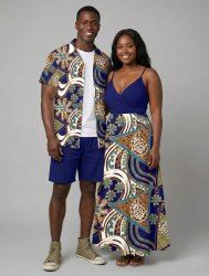 African Printed Matching Couple Outfit Ethnic Geometric Graphic Paisley Hawaiian Set -  