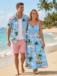Coconut Tree Flamingo Hibiscus Flower Sea Print Plus Size Matching Hawaii Beach Outfit For Couples -  