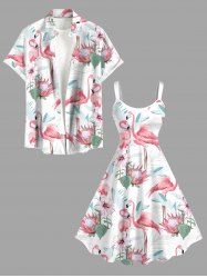 Tenue de plage hawaïenne assortie pour couples, imprimé tropical fleurs et flamants roses, grandes tailles - Blanc 