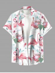 Chemise hawaïenne grande taille pour homme, à imprimé tropical flamants roses et feuilles, boutons et poche. - Blanc 2XL