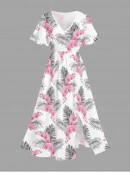 Plus Size Flower Leaf Print Split Hawaii Midi Dress -  