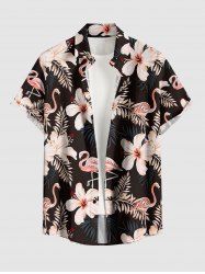 Chemise hawaïenne grande taille pour homme, à imprimé flamants roses et hibiscus, feuilles tropicales, boutons et poche. - Noir 4XL