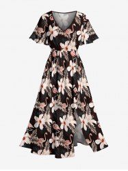 Robe mi-longue fendue hawaïenne à imprimé flamants roses et hibiscus, fleurs tropicales et feuilles, grande taille - Noir XXS