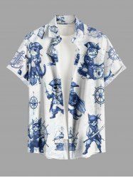 Plus Size Cat Pirate Ship Rudder Cruise Print Buttons Pocket Hawaii Shirt For Men -  
