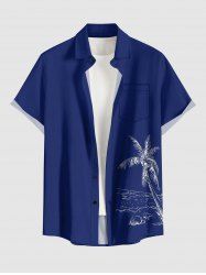 Plus Size Coconut Tree Seascape Print Buttons Pocket Hawaii Shirt For Men -  