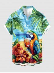Chemise hawaïenne grande taille pour homme, à imprimé perroquet, fleurs tropicales, feuilles, jus de fruits et paysage marin, boutons et poche. - Bleu clair S