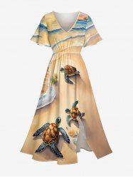 Robe midi trapèze grande taille à imprimé tortues marines et créatures hawaïennes, avec poches fendues. - café lumière 2X
