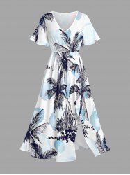 Robe midi trapèze grande taille à imprimé feuilles de cocotier, style hawaïen, avec poches fendues - Blanc 1X