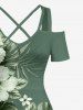 Tropical Leaf Hibiscus Flowers Print Cold Shoulder Crisscross Hawaii Maxi Dress -  