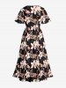 Robe mi-longue fendue hawaïenne à imprimé flamants roses et hibiscus, fleurs tropicales et feuilles, grande taille - Noir XXS