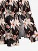 Robe mi-longue fendue hawaïenne à imprimé flamants roses et hibiscus, fleurs tropicales et feuilles, grande taille - Noir XXS