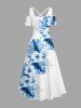 Plus Size Tropical Leaf Hibiscus Flowers Print Cold Shoulder Crisscross Hawaii Maxi Dress -  