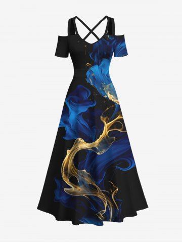 Robe longue trapèze à épaules dénudées, grande taille, en mousseline fumée, imprimé ruban et faisceau lumineux, style hawaïen, croisée sur le devant - BLUE - 1X