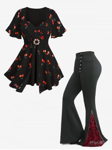 Ensemble grande taille : chemisier croisé à carreaux gaufrés cerises et pantalon évasé à imprimé floral. - BLACK
