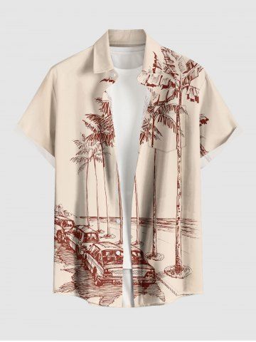 Chemise hawaïenne grande taille pour homme, à boutons et poches, avec imprimé de voitures et de cocotiers. - BEIGE - 3XL