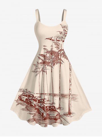 Plus Size Coconut Tree Cars Print Hawaii Tank Dress - BEIGE - M