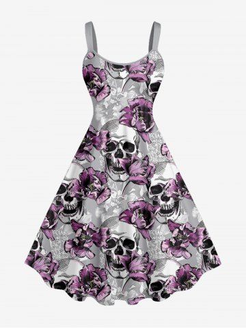 Robe débardeur hawaïenne grande taille à imprimé têtes de mort et fleurs - DARK GRAY - M