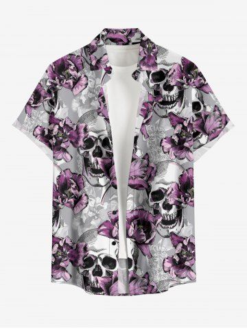 Chemise hawaïenne grande taille pour homme, à imprimé fleurs et têtes de mort, boutons et poche. - DARK GRAY - XL