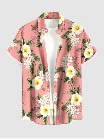Chemise hawaïenne grande taille pour homme, à imprimé floral tropical et feuilles d'hibiscus, boutons et poche. - PINK - 6XL