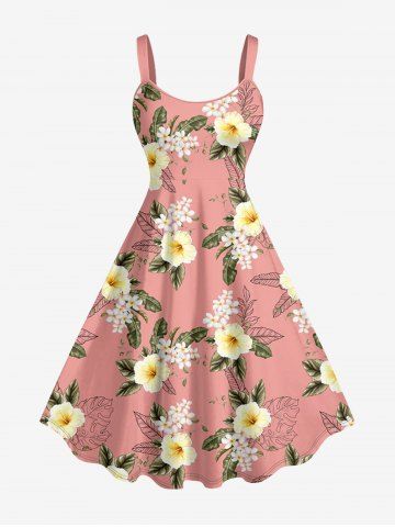 Plus Size Hibiscus Flower Tropical Leaf Print Hawaii Tank Dress - PINK - 1X