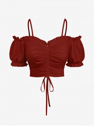 Haut uni à épaules dénudées et manches bouffantes grande taille - DEEP RED - 3X