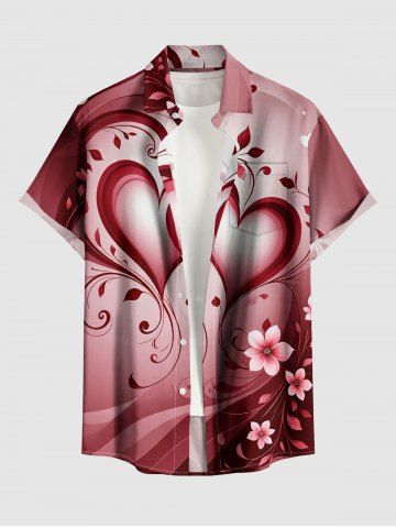 Chemise grande taille à imprimé floral et cœur, style ombré, avec poche boutonnée, pour homme - CHERRY RED - L