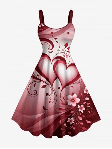 Robe trapèze grande taille à imprimé floral et cœur, dégradé Saint-Valentin - CHERRY RED - 3X