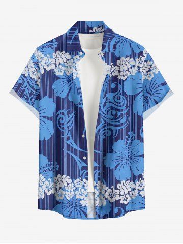 Plus Size Tropical Leaf Hibiscus Flower Print Hawaii Button Pocket Shirt For Men - BLUE - 4XL