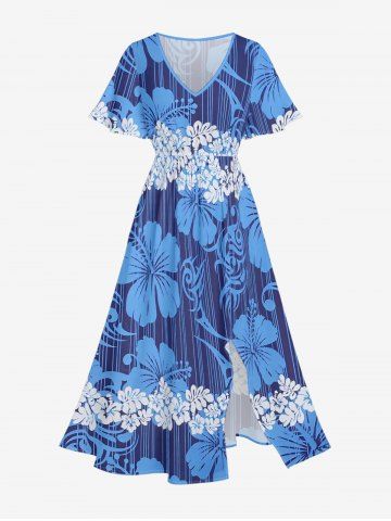 Robe midi trapèze grande taille à imprimé floral tropical et hibiscus, style hawaïen, avec poches fendues - BLUE - 6X