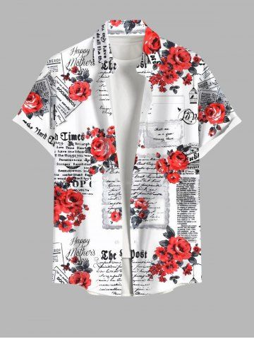 Chemise grande taille pour homme, imprimée de fleurs et de lettres de journal, avec poche boutonnée, idéale pour la Saint-Valentin. - WHITE - 3XL