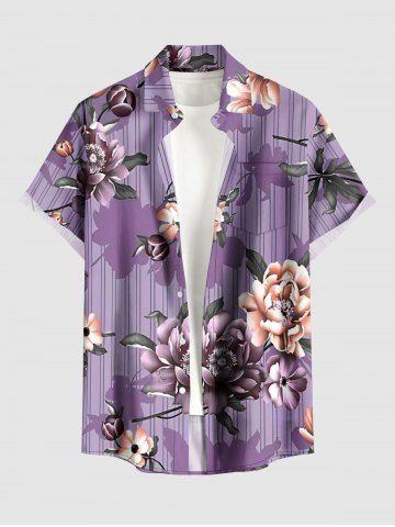 Chemise hawaïenne à rayures et imprimé floral grande taille pour homme - PURPLE - L