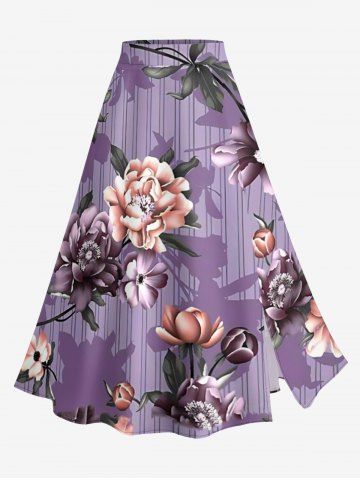 Jupe trapèze fendue hawaïenne à imprimé floral et rayé grande taille - PURPLE - 6X